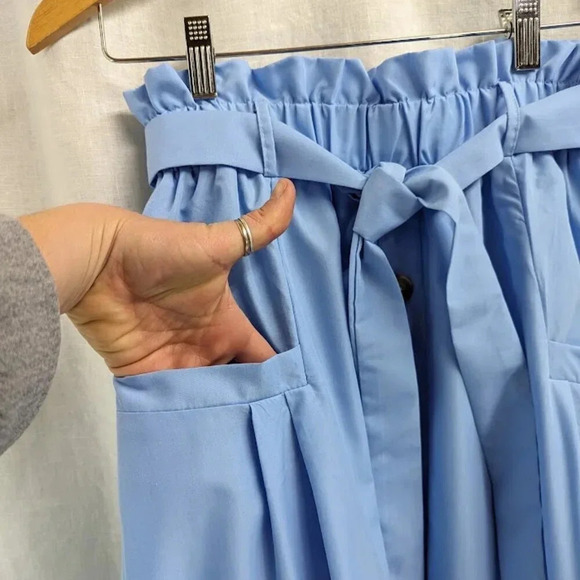 blue skirt with button detail, elastic waist and tie belt women's size M B10 - Picture 6 of 10